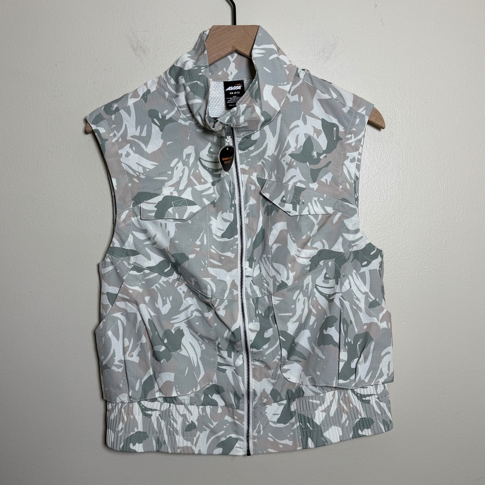Avia Womens Vest XS Grey Camo Print Full Zip Cargo Pockets Mock Neck Gorpcore